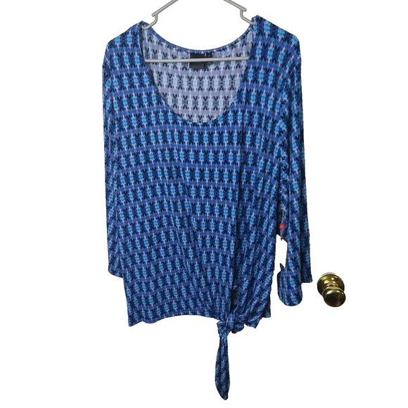 Rafaella Woman 3X Blouse Blue Aztec Western Argyle Wide 3/4 Sleeve Front Tie - Picture 1 of 9